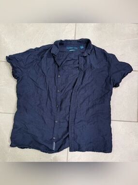 Perry Ellis Dark Navy Linen-Blend Button Shirt